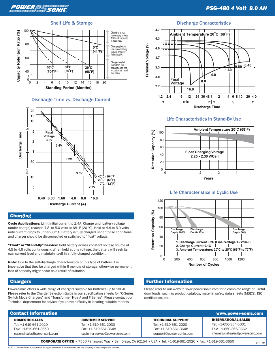 Contact information, Charging, Chargers | Further information | Power-Sonic PSG-480 User Manual | Page 2 / 2