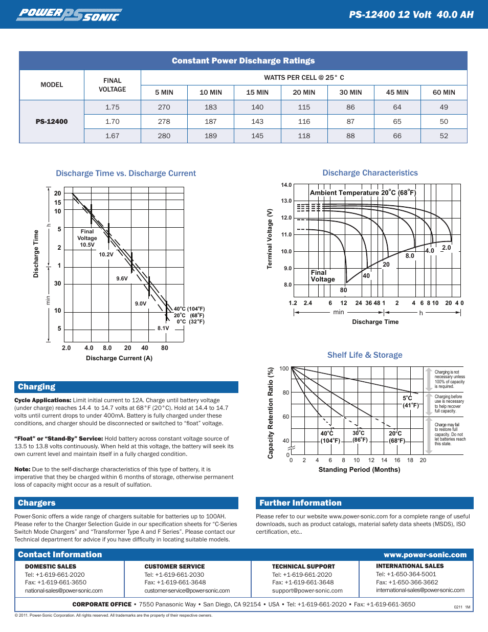 Contact information, Charging, Chargers | Further information, Constant power discharge ratings | Power-Sonic PS-12400 User Manual | Page 2 / 2