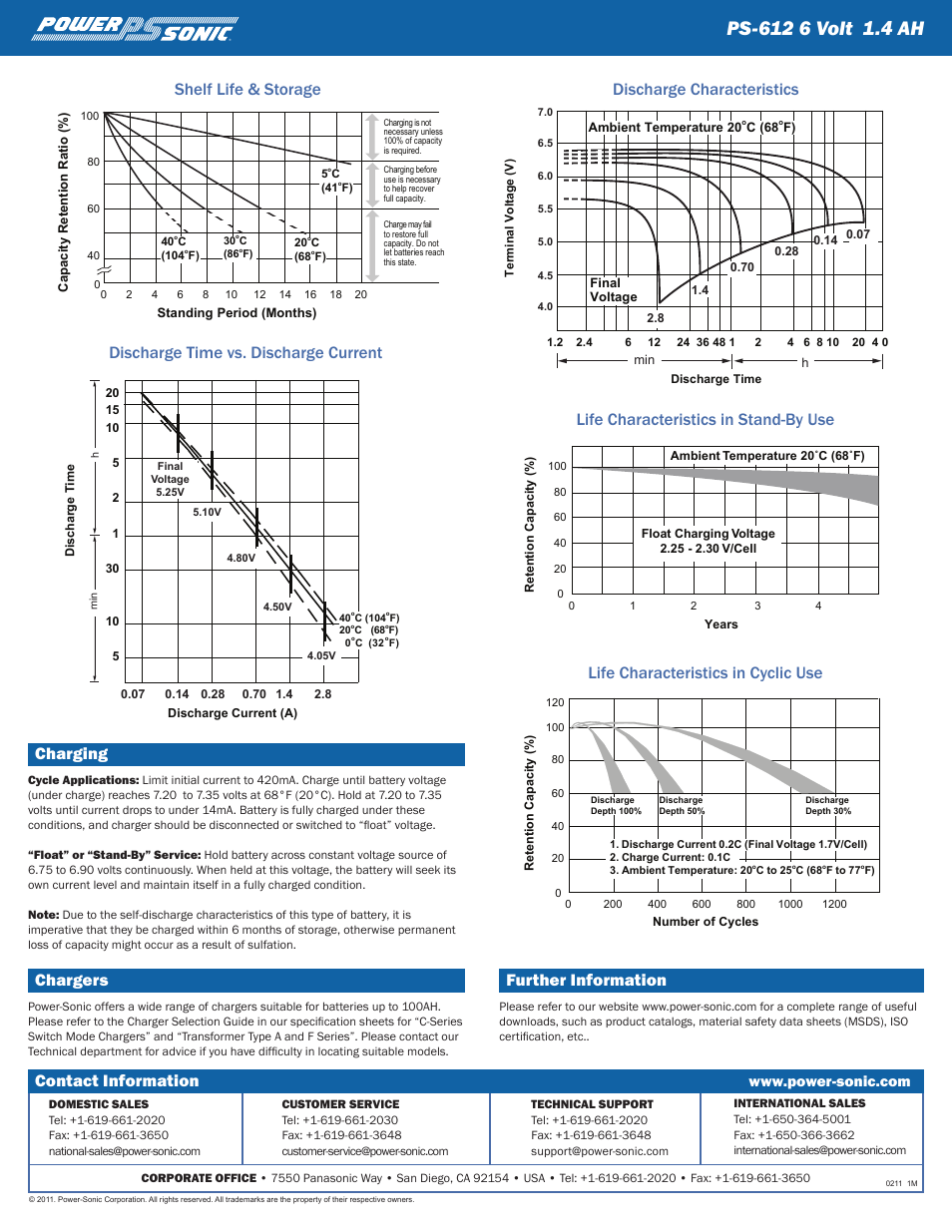 Charging, Chargers, Further information | Contact information | Power-Sonic PS-612 User Manual | Page 2 / 2