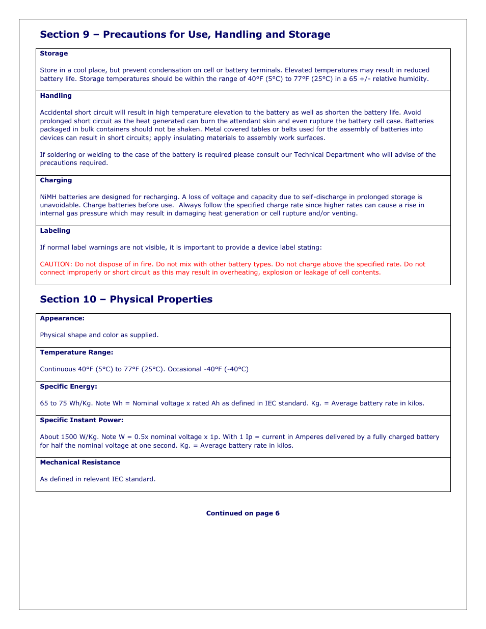 Power-Sonic SAFETY DATA SHEET Secondary Sealed Nickel-Metal Hydride Rechargeable Batteries User Manual | Page 5 / 6