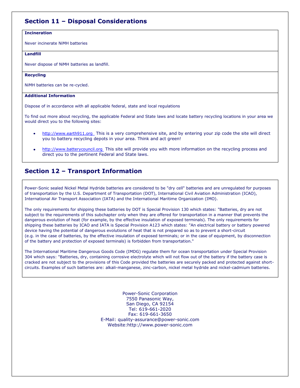 Power-Sonic SAFETY DATA SHEET Secondary Sealed Nickel-Metal Hydride Rechargeable Batteries User Manual | Page 6 / 6