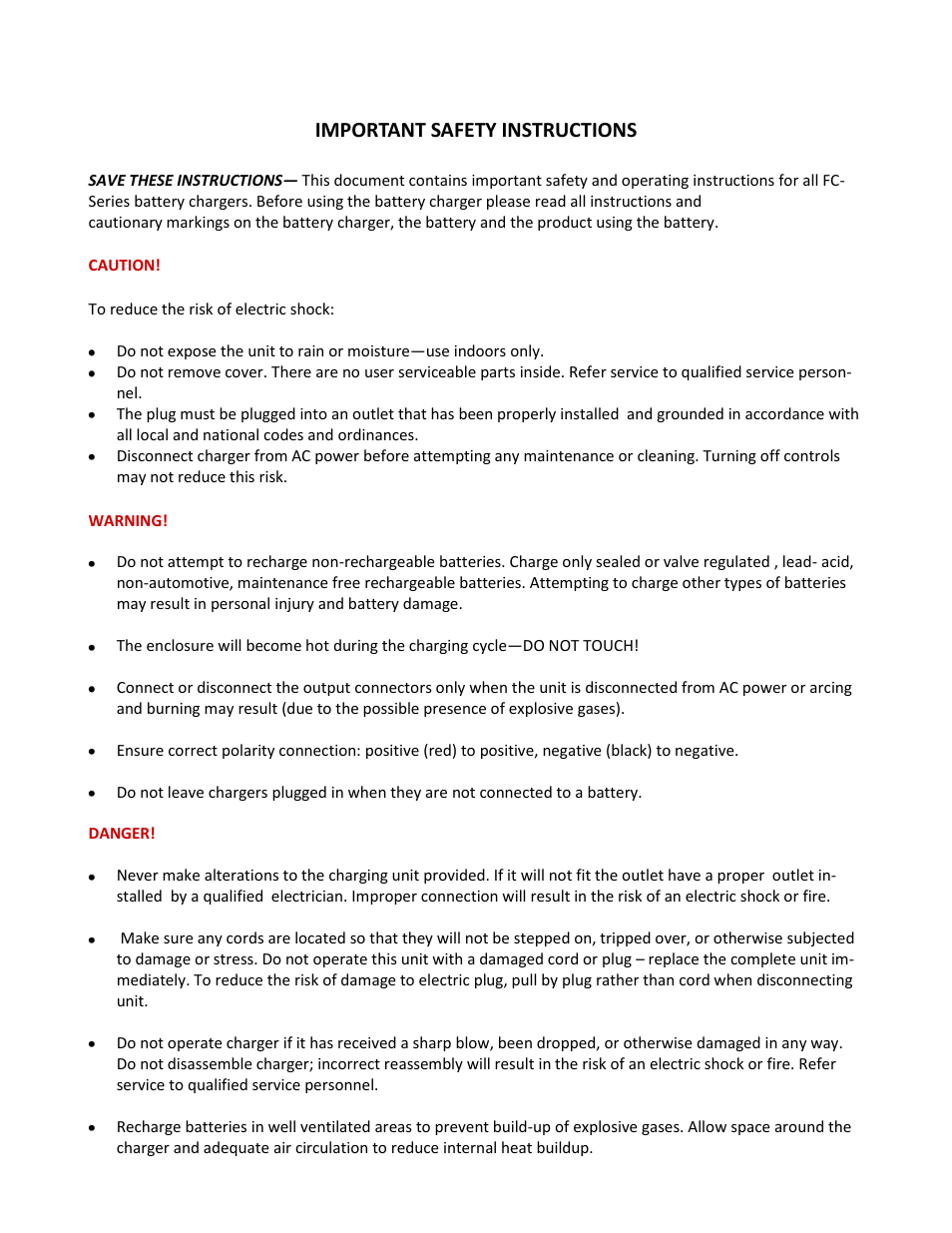 Important safety instructions | Power-Sonic FC SerieS Float ChargerS User Manual | Page 2 / 4