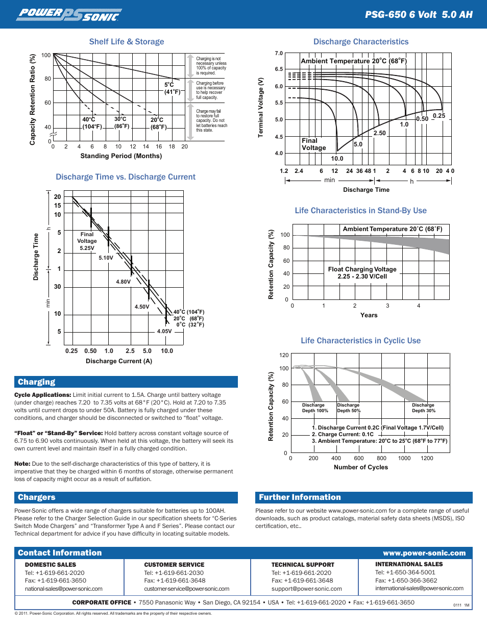 Contact information, Charging, Chargers | Further information | Power-Sonic PSG-650 User Manual | Page 2 / 2