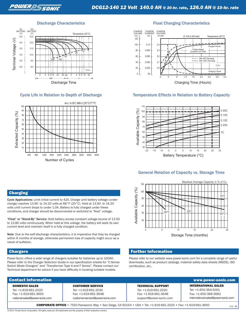 0ah, Charging, Chargers | Further information, Contact information, Hr.rate, Storage time (months) available capacity (%), Discharge time terminal v oltage (v), Charging time (hours) | Power-Sonic DCG12-140 User Manual | Page 2 / 2