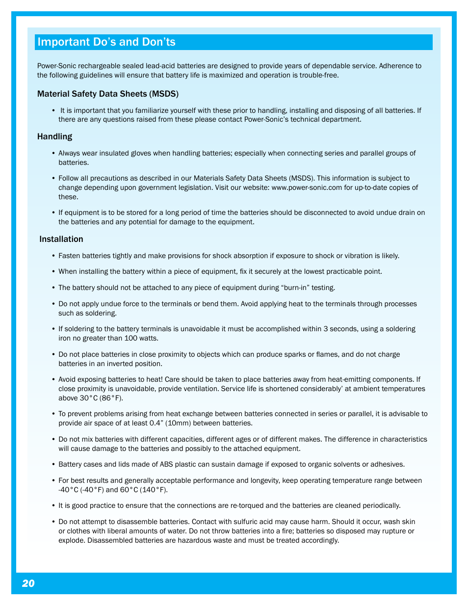 Important do’s and don’ts | Power-Sonic Sealed Lead Acid Batteries - Technical Manual User Manual | Page 22 / 28