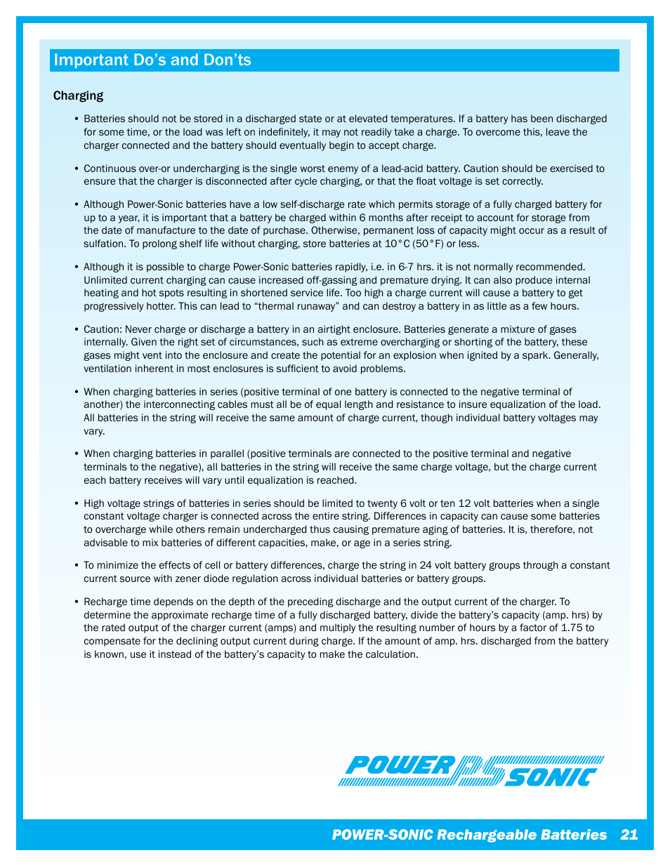 Important do’s and don’ts, Power-sonic rechargeable batteries | Power-Sonic Sealed Lead Acid Batteries - Technical Manual User Manual | Page 23 / 28