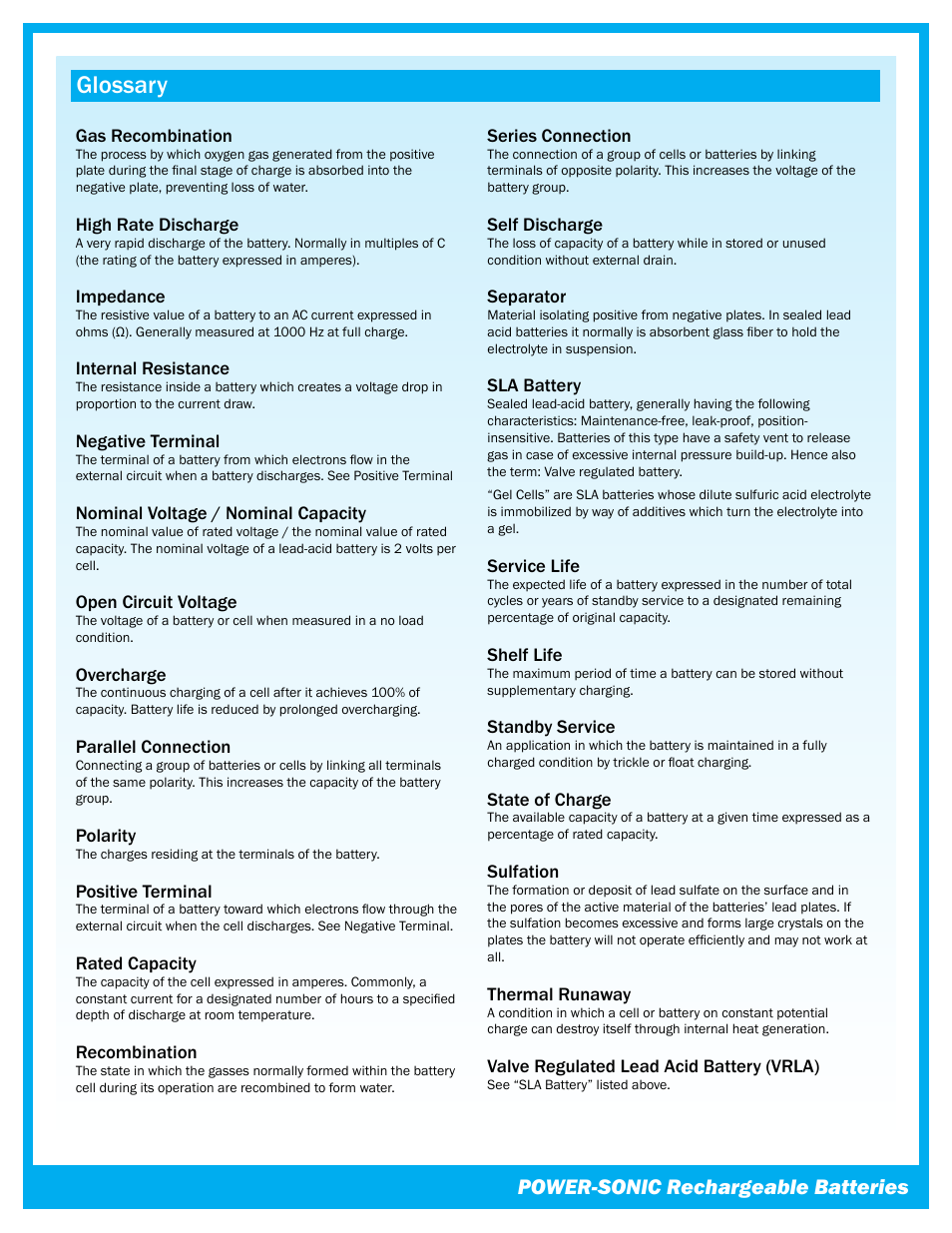 Glossary, Power-sonic rechargeable batteries | Power-Sonic Sealed Lead Acid Batteries - Technical Manual User Manual | Page 27 / 28