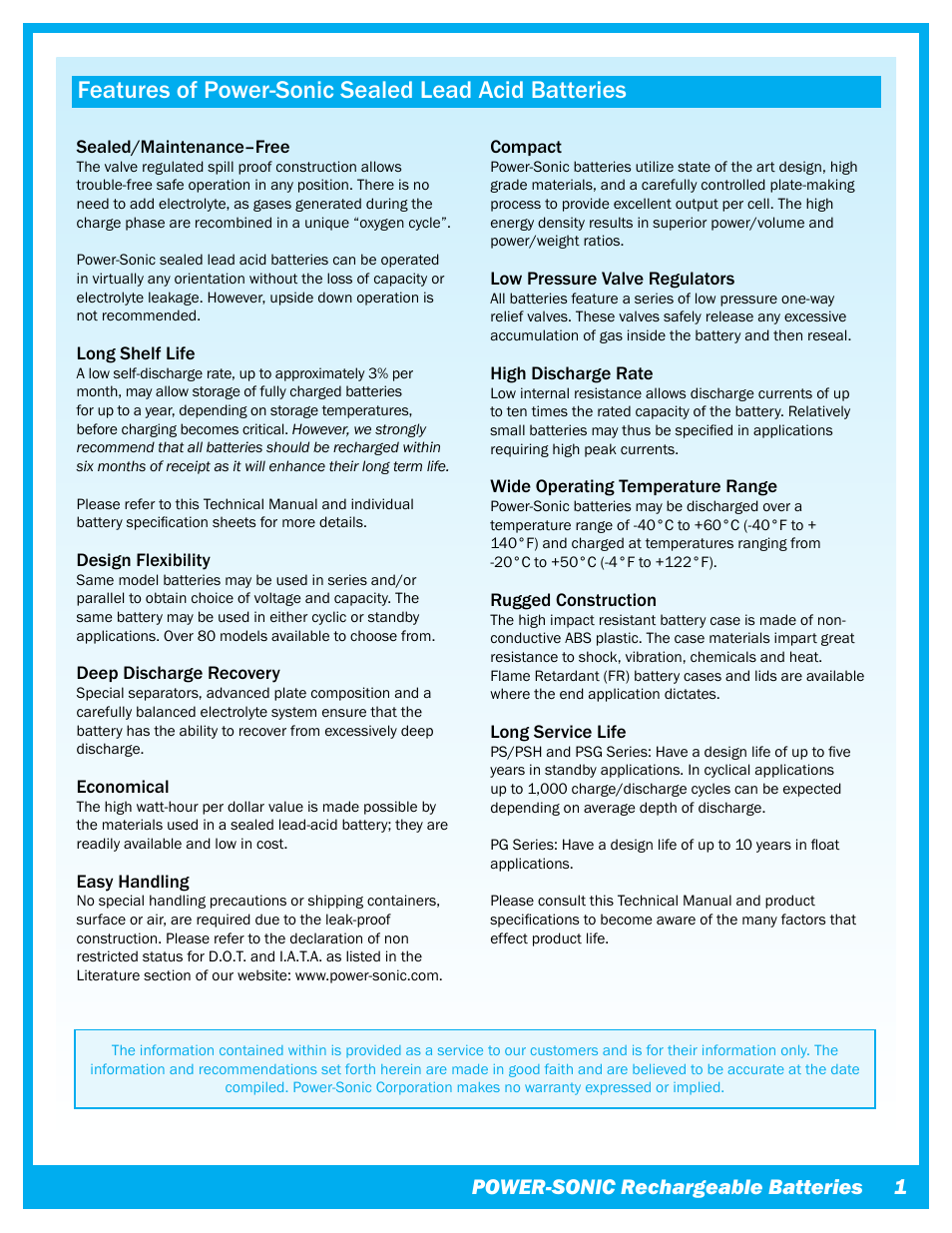 Features of power-sonic sealed lead acid batteries, Power-sonic rechargeable batteries | Power-Sonic Sealed Lead Acid Batteries - Technical Manual User Manual | Page 3 / 28