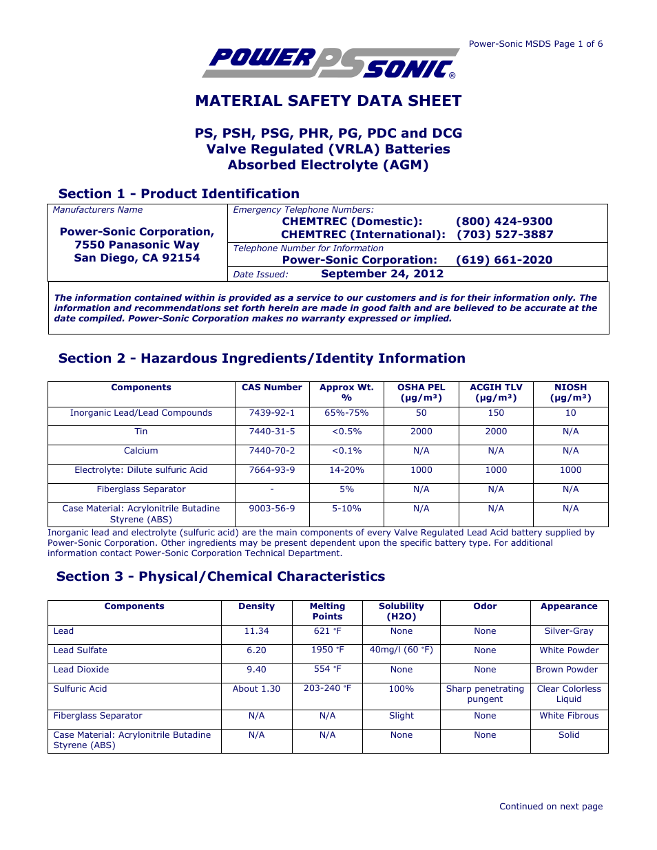 Power-Sonic SAFETY DATA SHEET PS_PSH_PSG_PHR_PG_PDC_DCG_VRLA_AGM User Manual | 6 pages