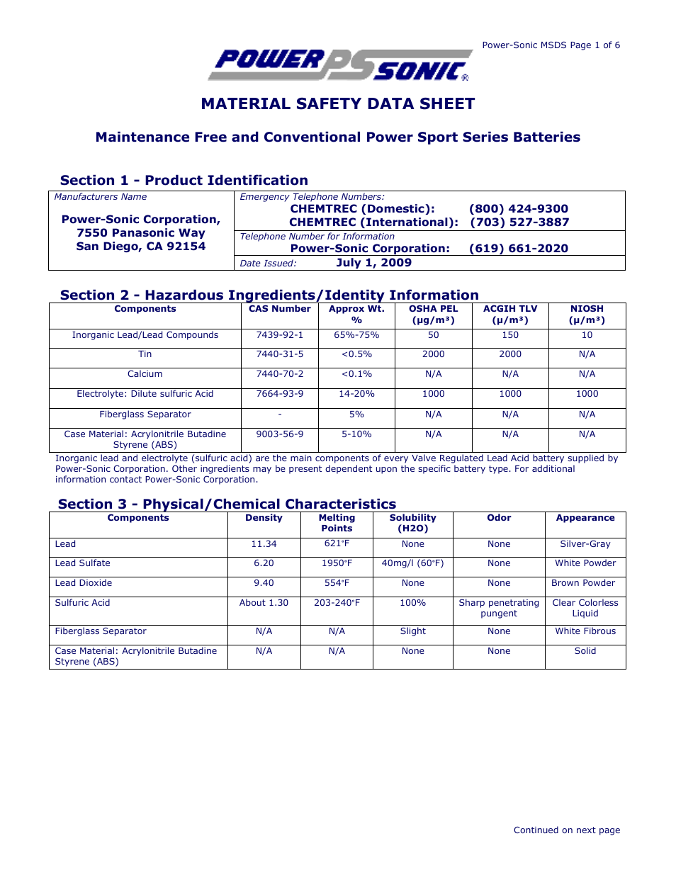Power-Sonic SAFETY DATA SHEET Power Sport Series Batteries User Manual | 6 pages