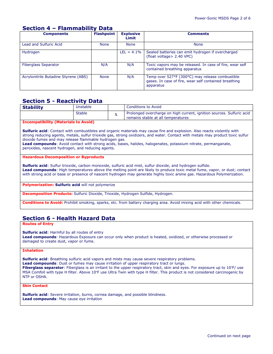 Power-Sonic SAFETY DATA SHEET Power Sport Series Batteries User Manual | Page 2 / 6