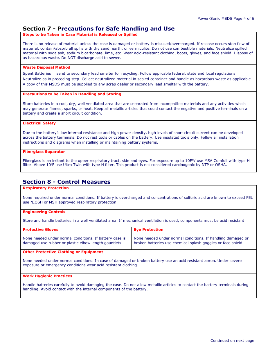 Power-Sonic SAFETY DATA SHEET Power Sport Series Batteries User Manual | Page 4 / 6