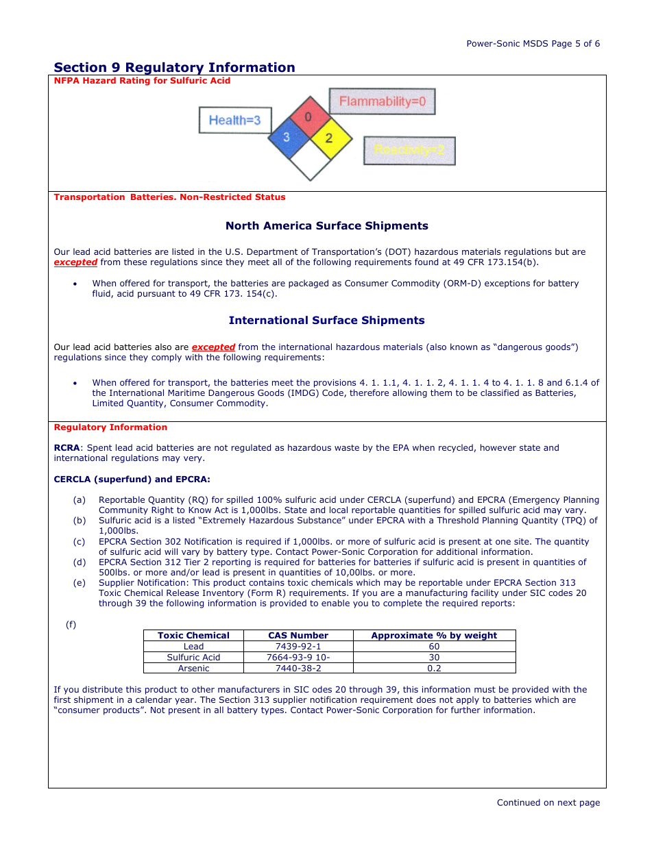 Power-Sonic SAFETY DATA SHEET Power Sport Series Batteries User Manual | Page 5 / 6