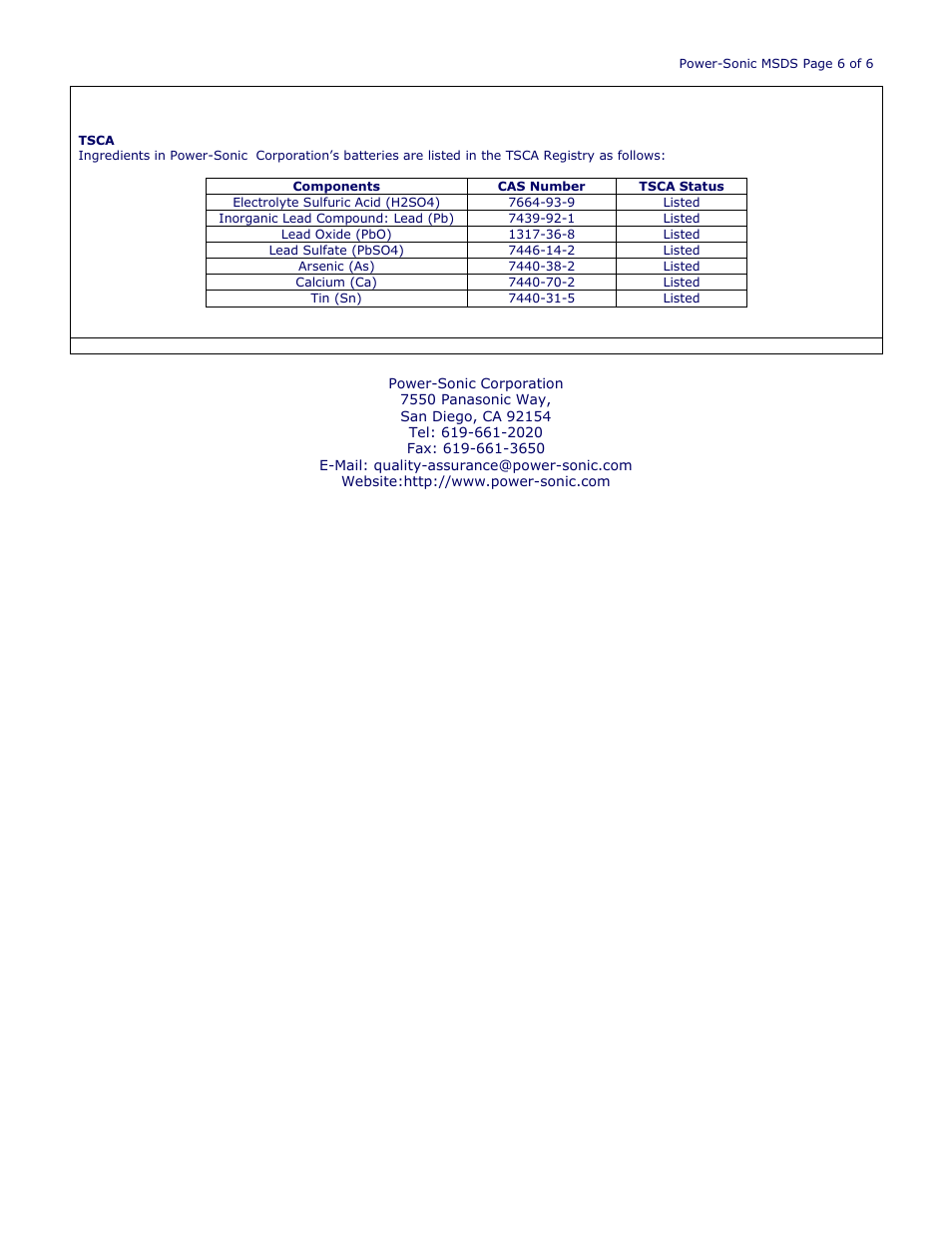Power-Sonic SAFETY DATA SHEET Power Sport Series Batteries User Manual | Page 6 / 6