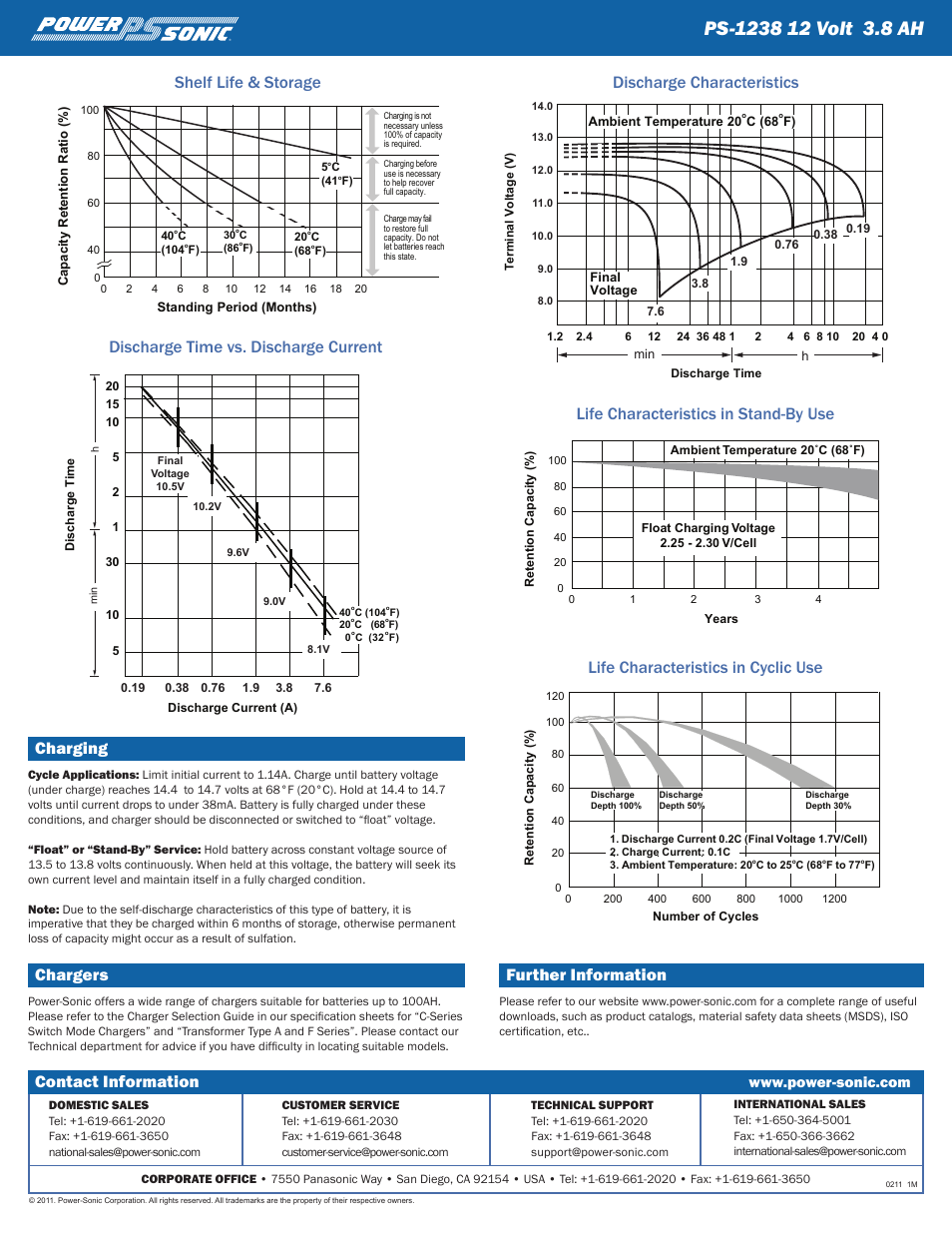 Charging, Chargers, Further information | Contact information | Power-Sonic PS-1238 User Manual | Page 2 / 2