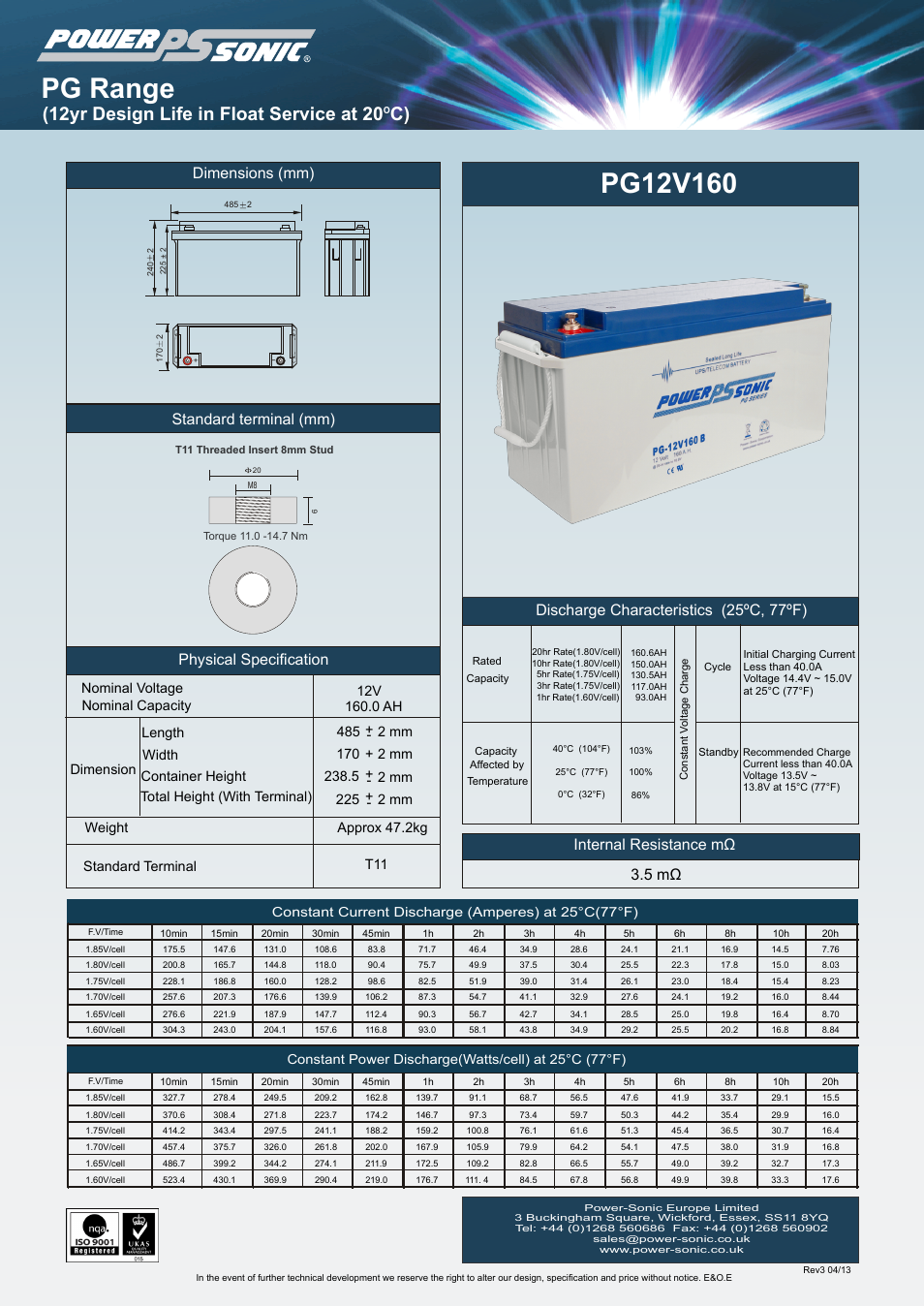 Power-Sonic PG-12v160 User Manual | 1 page