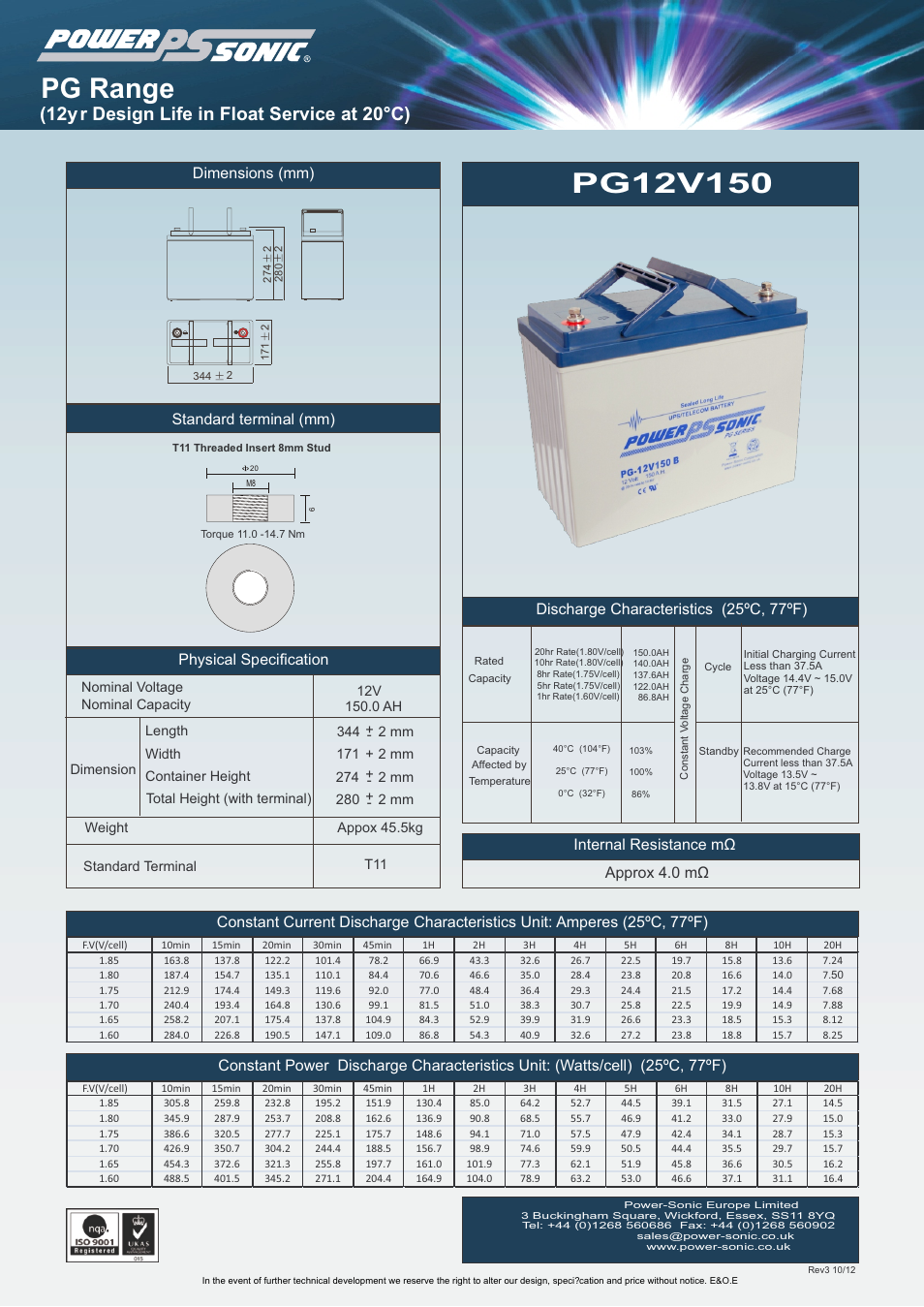 Power-Sonic PG-12v150 User Manual | 1 page