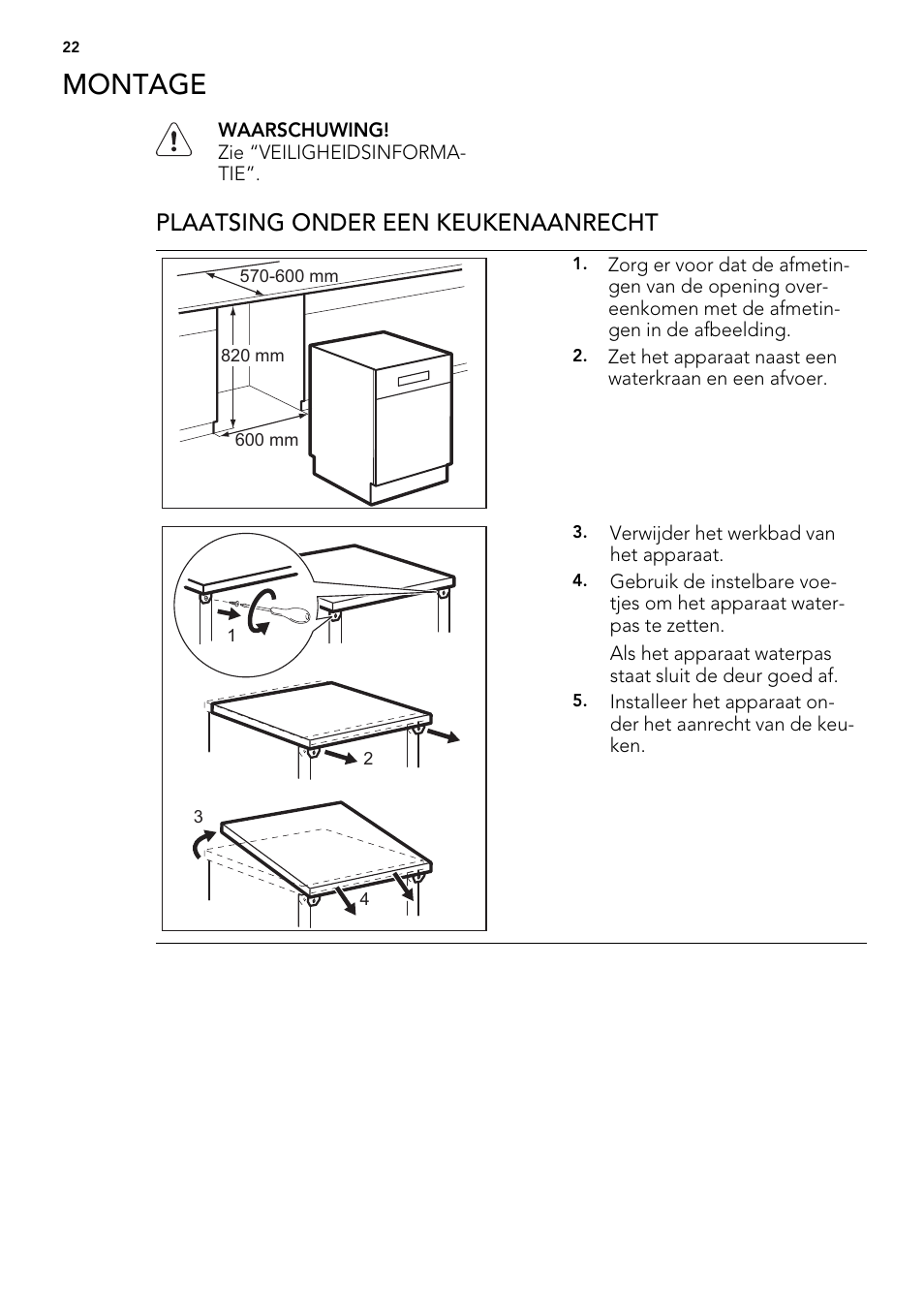Montage, Plaatsing onder een keukenaanrecht | AEG ELECTROLUX F 77008 W 0 P User Manual | Page 22 / 96