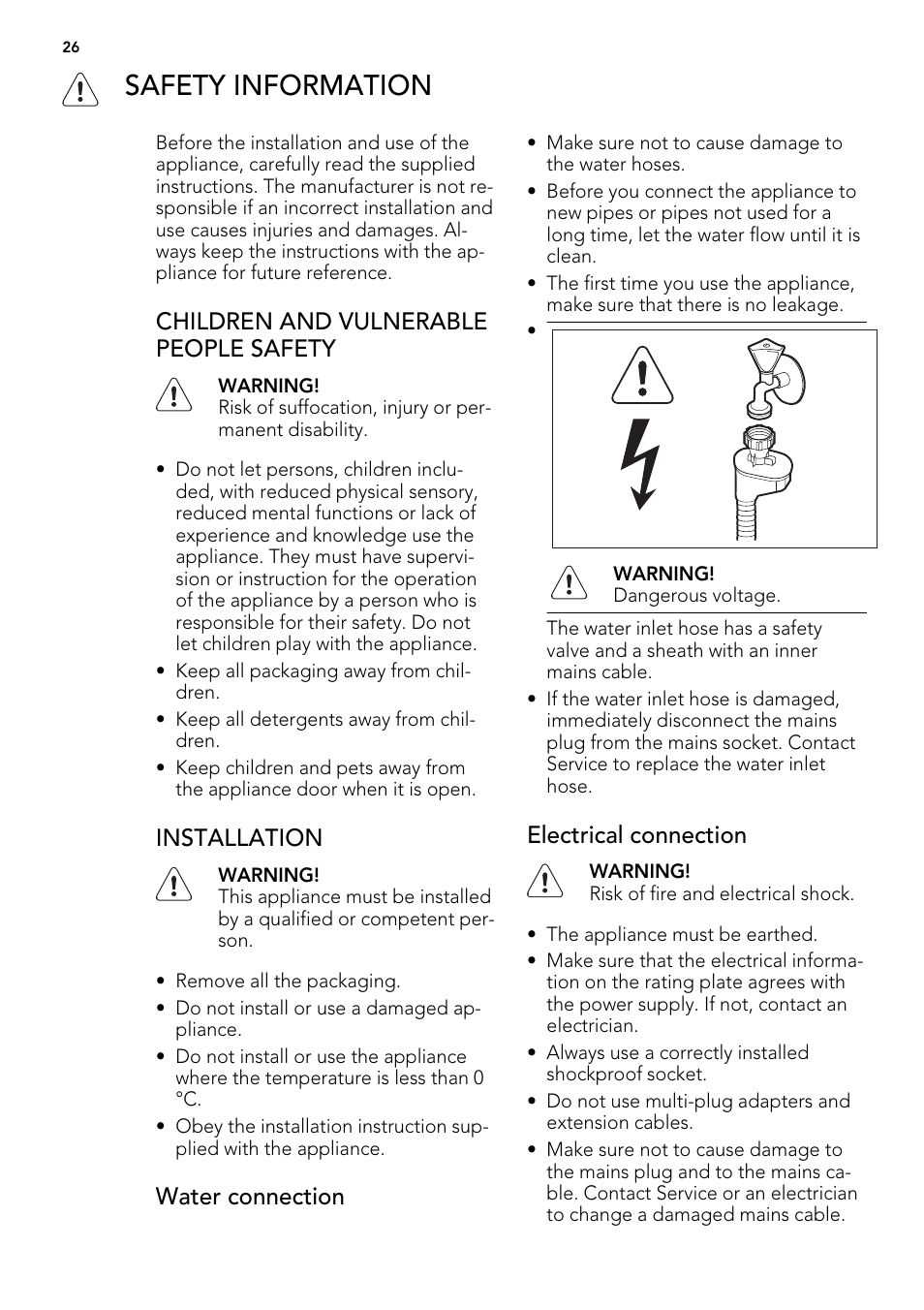 Safety information, Children and vulnerable people safety, Installation | Water connection, Electrical connection | AEG ELECTROLUX F 77008 W 0 P User Manual | Page 26 / 96