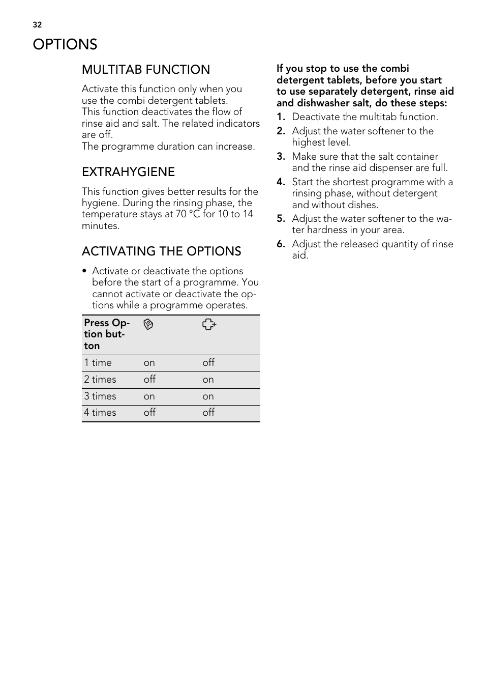 Options, Multitab function, Extrahygiene | Activating the options | AEG ELECTROLUX F 77008 W 0 P User Manual | Page 32 / 96