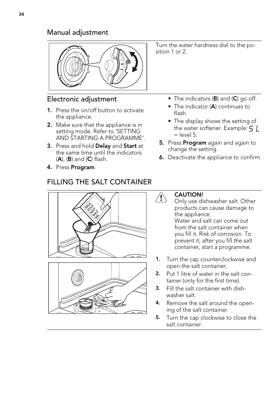 Manual adjustment, Electronic adjustment, Filling the salt container | AEG ELECTROLUX F 77008 W 0 P User Manual | Page 34 / 96