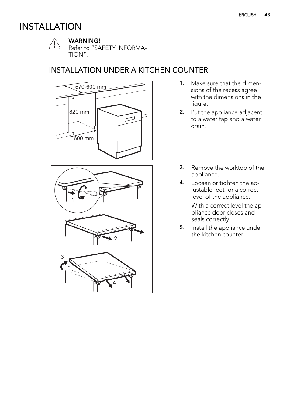 Installation, Installation under a kitchen counter | AEG ELECTROLUX F 77008 W 0 P User Manual | Page 43 / 96