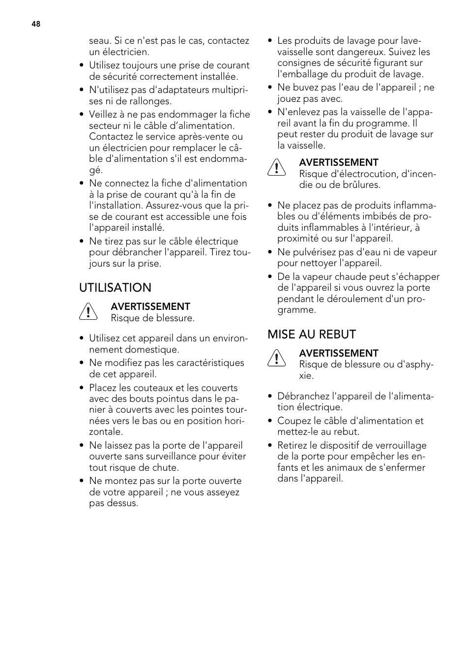 Utilisation, Mise au rebut | AEG ELECTROLUX F 77008 W 0 P User Manual | Page 48 / 96