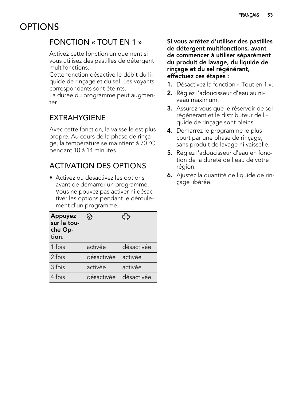 Options, Fonction « tout en 1, Extrahygiene | Activation des options | AEG ELECTROLUX F 77008 W 0 P User Manual | Page 53 / 96