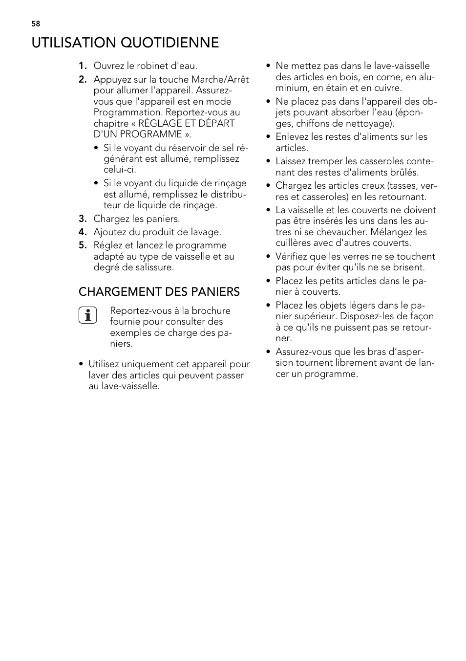 Utilisation quotidienne, Chargement des paniers | AEG ELECTROLUX F 77008 W 0 P User Manual | Page 58 / 96