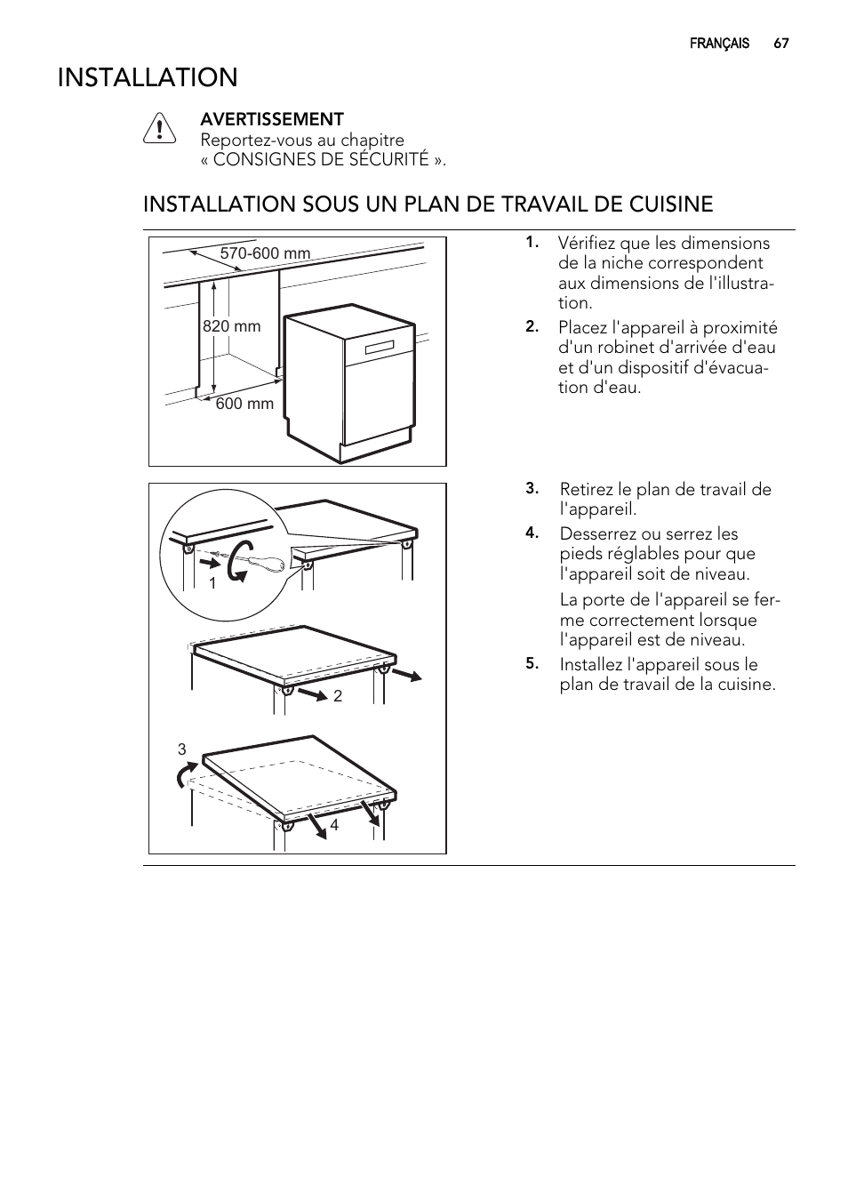 Installation, Installation sous un plan de travail de cuisine | AEG ELECTROLUX F 77008 W 0 P User Manual | Page 67 / 96