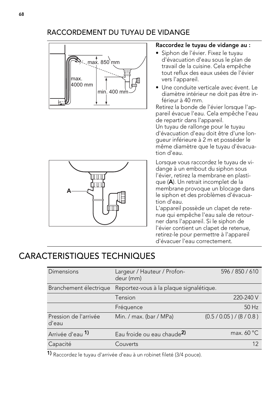 Caracteristiques techniques, Raccordement du tuyau de vidange | AEG ELECTROLUX F 77008 W 0 P User Manual | Page 68 / 96