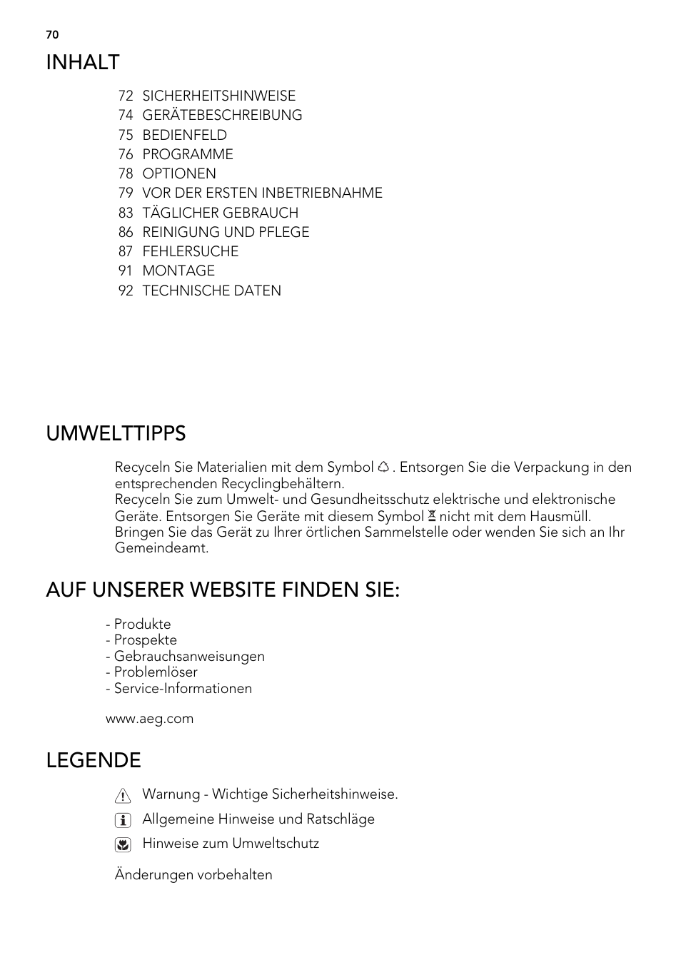 Inhalt, Umwelttipps, Auf unserer website finden sie | Legende | AEG ELECTROLUX F 77008 W 0 P User Manual | Page 70 / 96