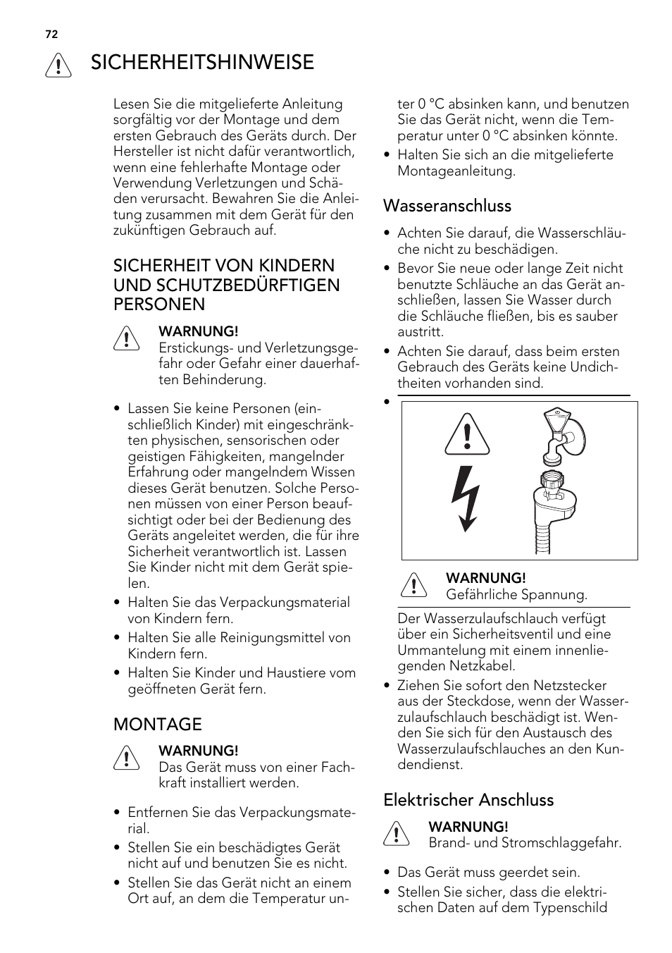 Sicherheitshinweise, Montage, Wasseranschluss | Elektrischer anschluss | AEG ELECTROLUX F 77008 W 0 P User Manual | Page 72 / 96