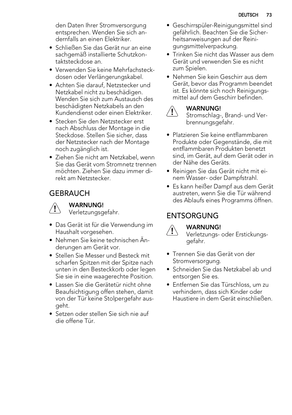 Gebrauch, Entsorgung | AEG ELECTROLUX F 77008 W 0 P User Manual | Page 73 / 96