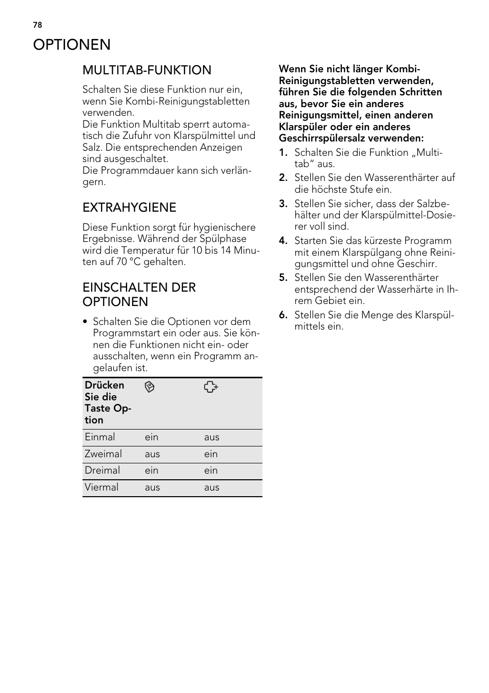 Optionen, Multitab-funktion, Extrahygiene | Einschalten der optionen | AEG ELECTROLUX F 77008 W 0 P User Manual | Page 78 / 96