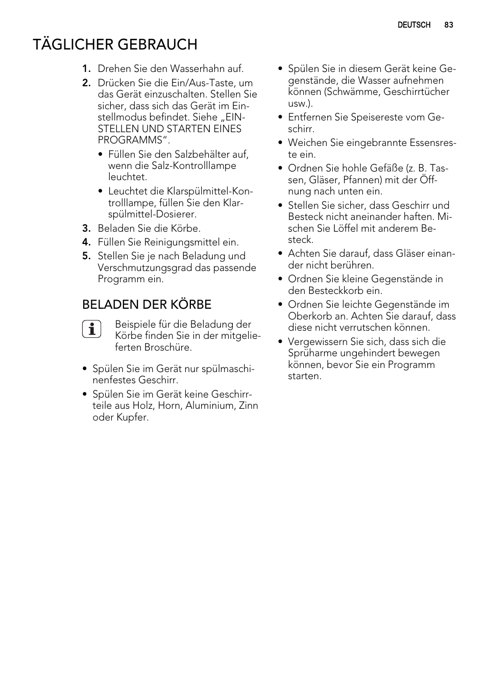 Täglicher gebrauch, Beladen der körbe | AEG ELECTROLUX F 77008 W 0 P User Manual | Page 83 / 96