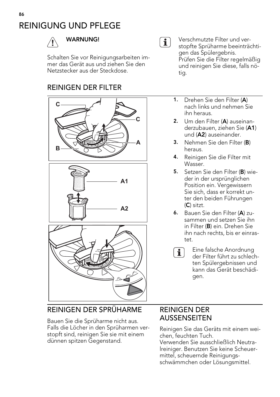 Reinigung und pflege, Reinigen der filter, Reinigen der sprüharme | Reinigen der aussenseiten | AEG ELECTROLUX F 77008 W 0 P User Manual | Page 86 / 96