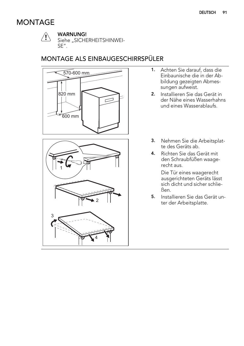 Montage, Montage als einbaugeschirrspüler | AEG ELECTROLUX F 77008 W 0 P User Manual | Page 91 / 96