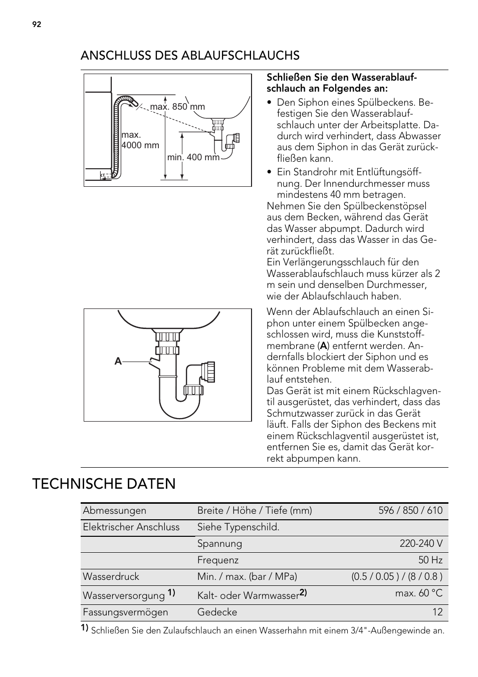Technische daten, Anschluss des ablaufschlauchs | AEG ELECTROLUX F 77008 W 0 P User Manual | Page 92 / 96