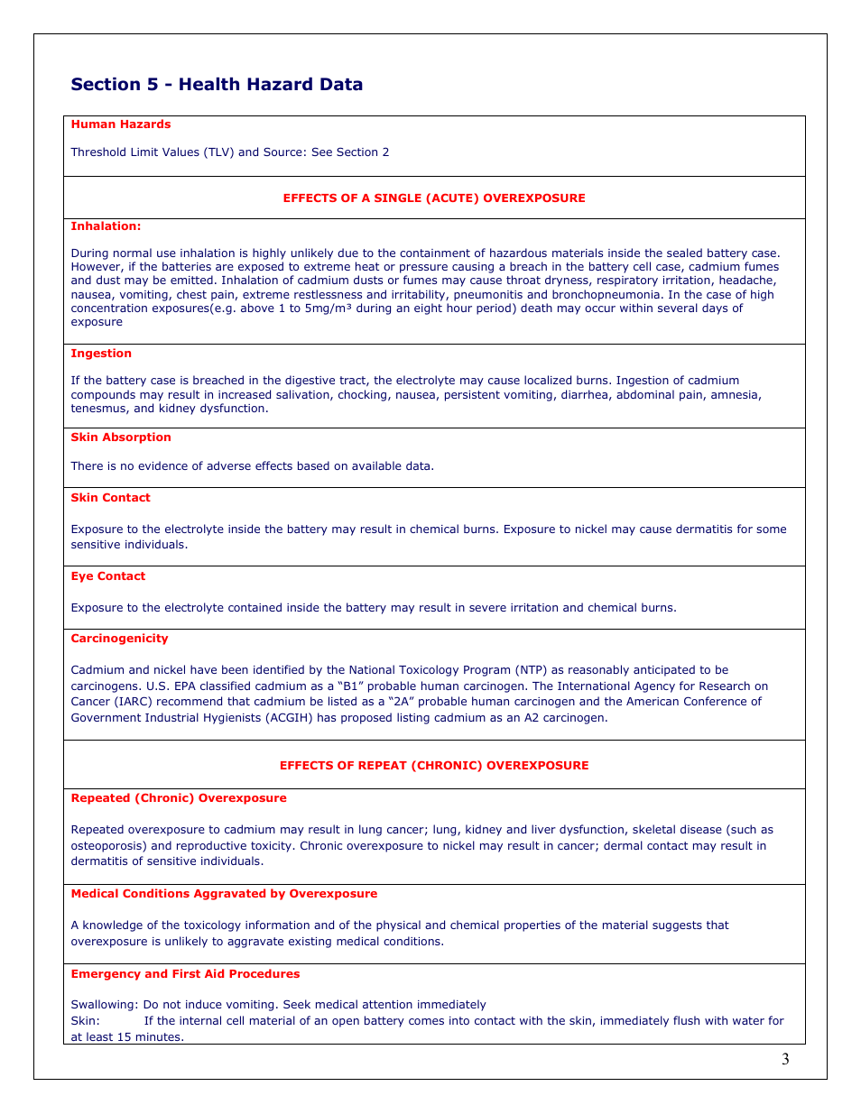 Power-Sonic SAFETY DATA SHEET Sealed Nickel Cadmium Rechargeable Batteries User Manual | Page 3 / 5