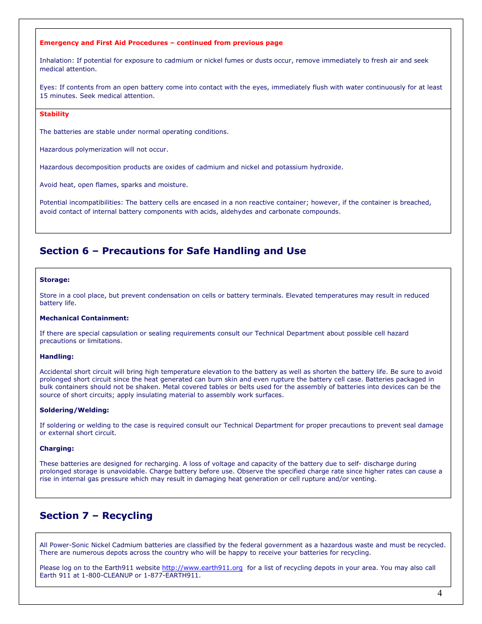 Power-Sonic SAFETY DATA SHEET Sealed Nickel Cadmium Rechargeable Batteries User Manual | Page 4 / 5