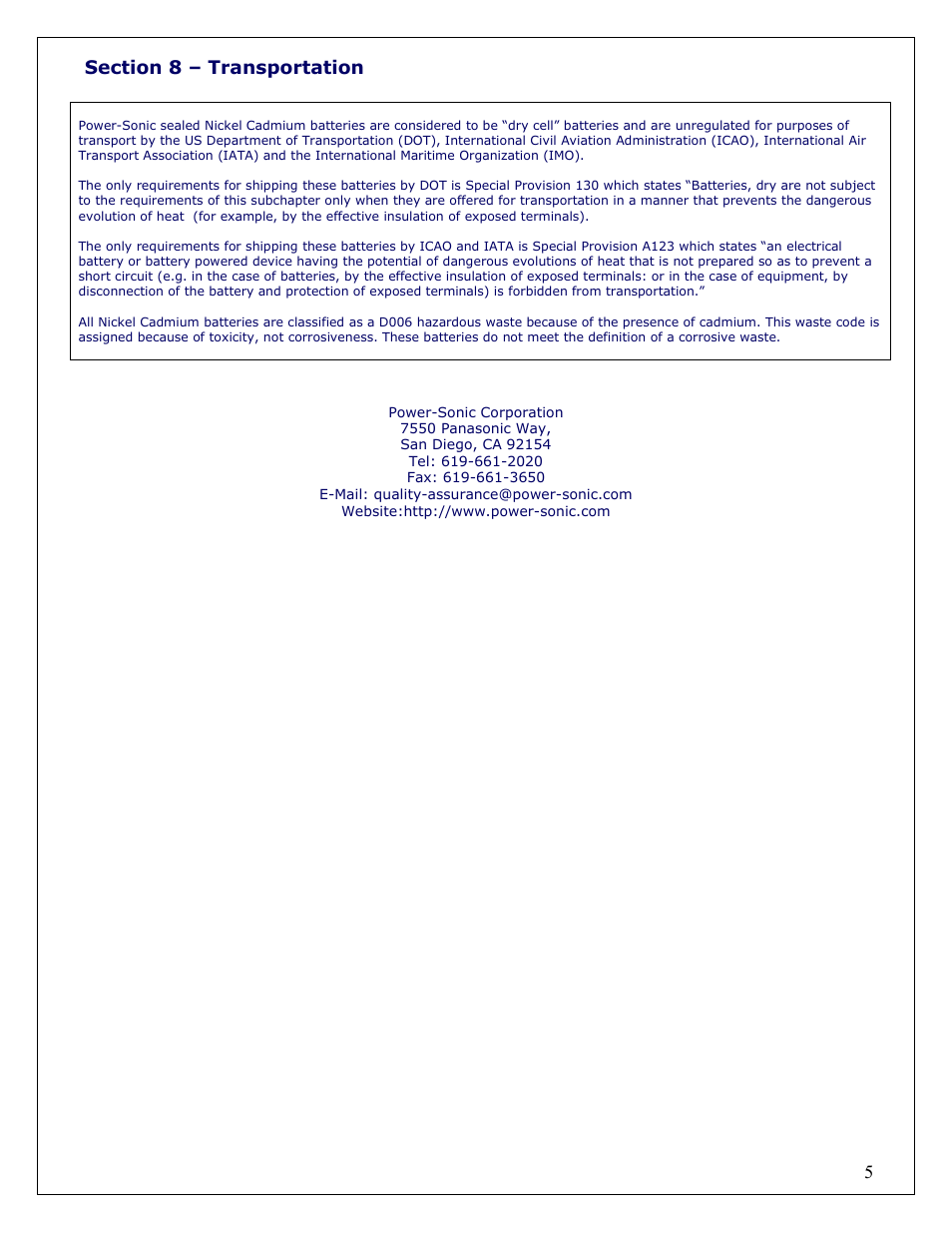Power-Sonic SAFETY DATA SHEET Sealed Nickel Cadmium Rechargeable Batteries User Manual | Page 5 / 5