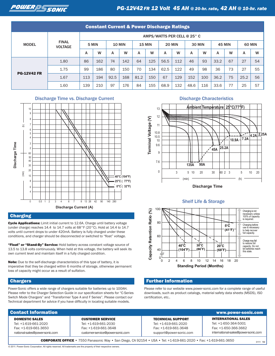 Pg-12v42, 12 volt 45 ah, 42 ah | Charging, Chargers, Further information, Constant current & power discharge ratings, Hr. rate, Contact information | Power-Sonic PG-12V42 User Manual | Page 2 / 2
