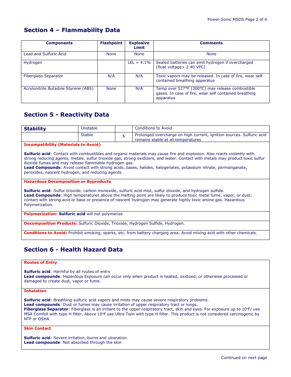 Power-Sonic SAFETY DATA SHEET Power Sport Series Factory Sealed User Manual | Page 2 / 6