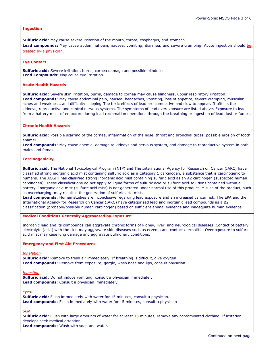 Power-Sonic SAFETY DATA SHEET Power Sport Series Factory Sealed User Manual | Page 3 / 6