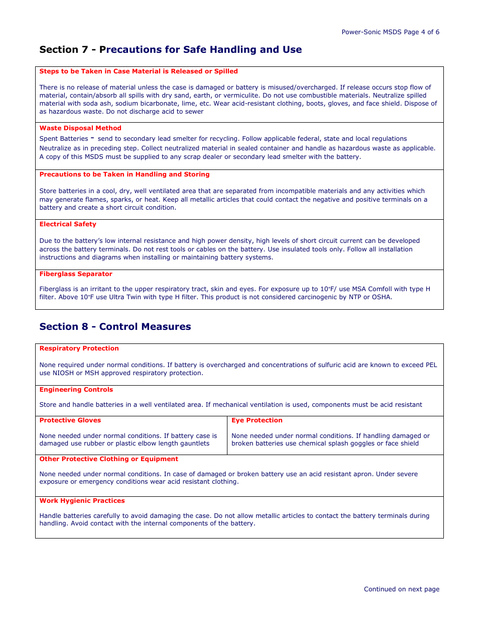 Power-Sonic SAFETY DATA SHEET Power Sport Series Factory Sealed User Manual | Page 4 / 6