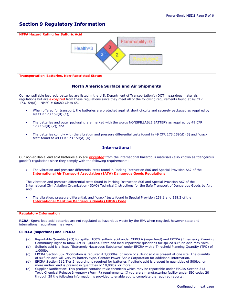 Power-Sonic SAFETY DATA SHEET Power Sport Series Factory Sealed User Manual | Page 5 / 6