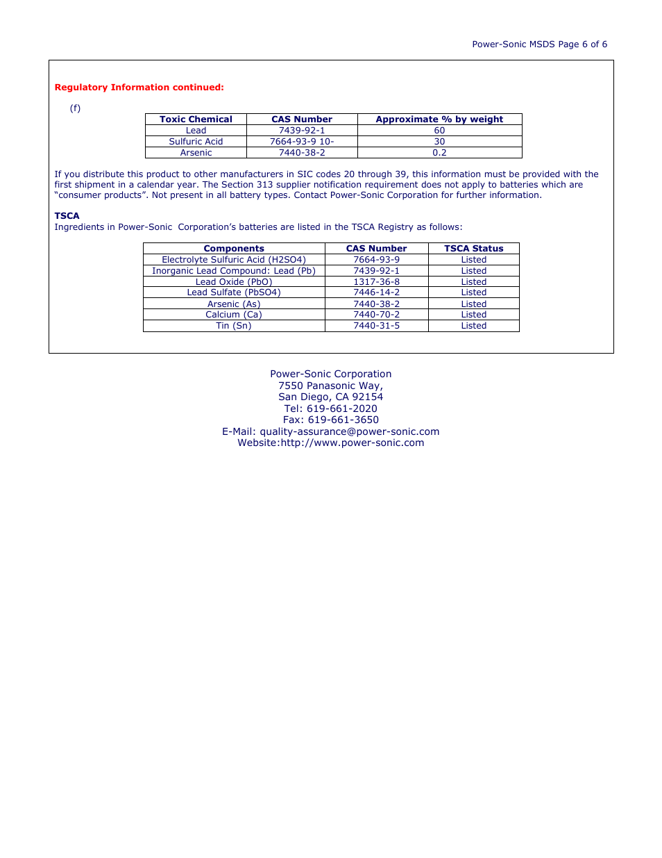 Power-Sonic SAFETY DATA SHEET Power Sport Series Factory Sealed User Manual | Page 6 / 6