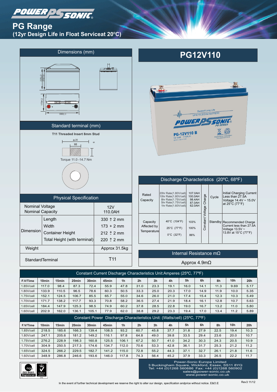 Power-Sonic PG-12v110 User Manual | 1 page