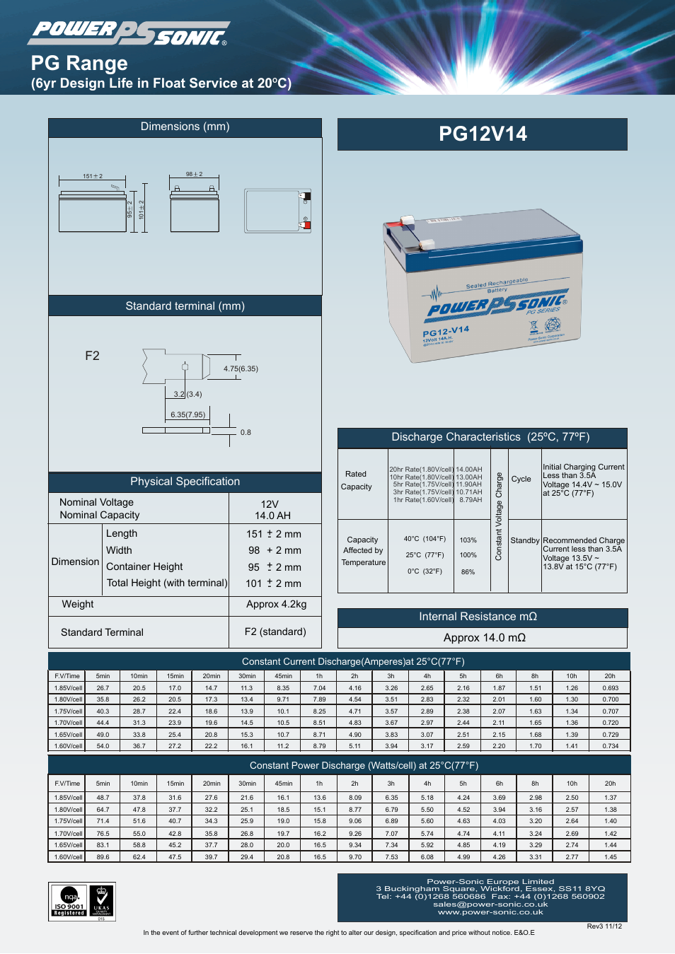 Power-Sonic PG-12v14 User Manual | 1 page